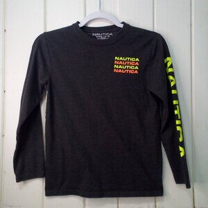 Nautica Shirt Boys M 10-12 Long Sleeve Spell-Out T-Shirt Gray Orange Yellow